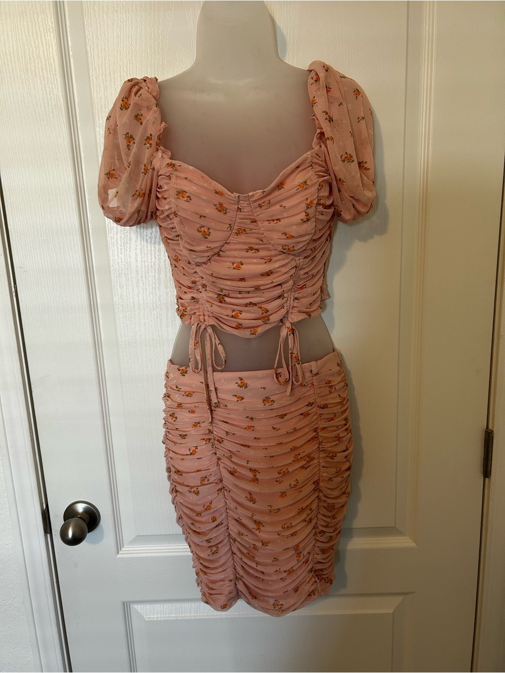 Pink Floral Ruched Pencil Skirt